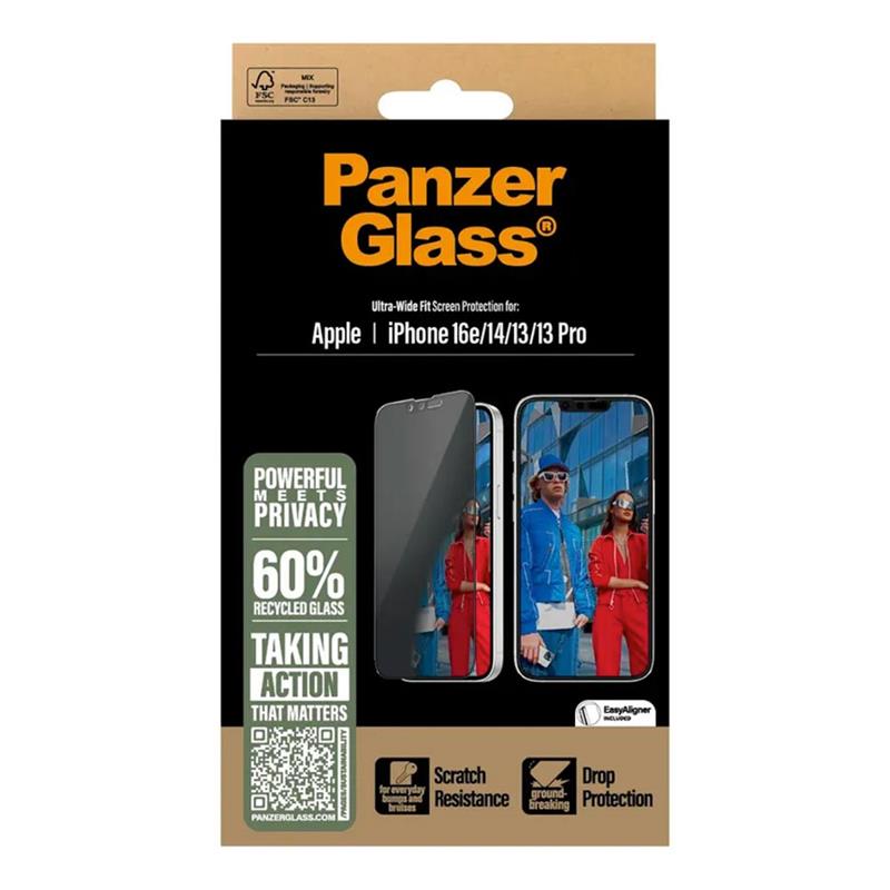PanzerGlass ochranné sklo UWF Privacy pre iPhone 16e/14/13/13 Pro - Black Frame 