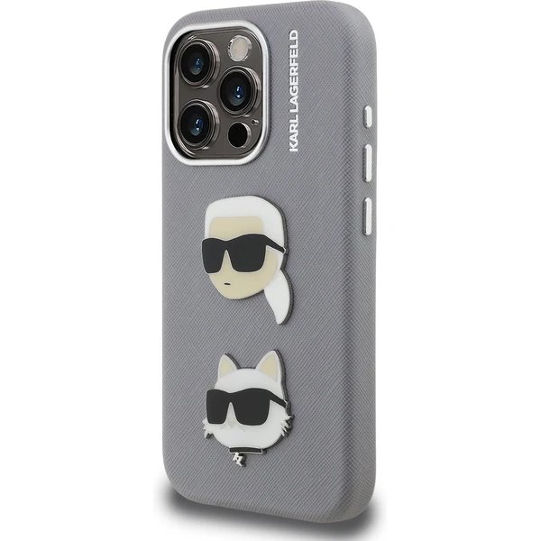 Karl Lagerfeld Grained PU K&CH Heads kryt iPhone 15 Pro Max šedý 