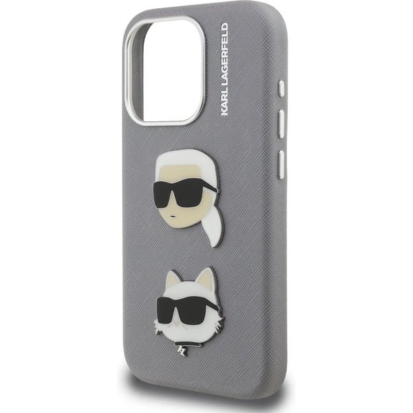 Karl Lagerfeld Grained PU K&CH Heads kryt iPhone 15 Pro Max šedý 