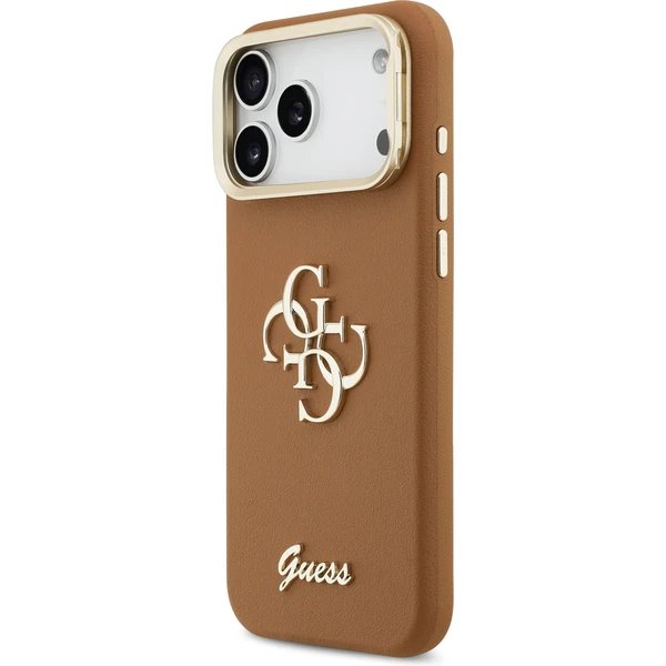Guess PU Grained 4G Logo Stand Camera Frame kryt iPhone 17 Pro Max hnedý 