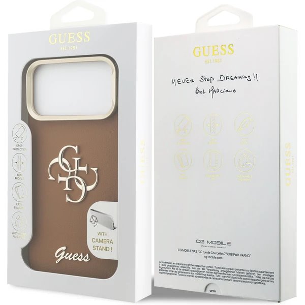 Guess PU Grained 4G Logo Stand Camera Frame kryt iPhone 17 Pro Max hnedý 