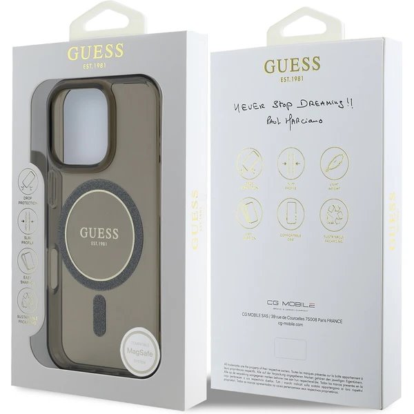 Guess IML Glitter Ring MagSafe kryt iPhone 16 Pro čierny 