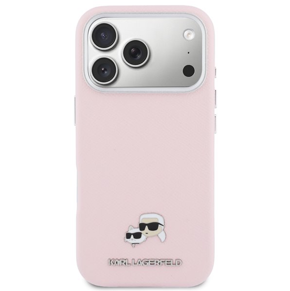 Karl Lagerfeld PU Karl and Choupette Heads Pins MagSafe kryt iPhone 17 Pro Max ružový 