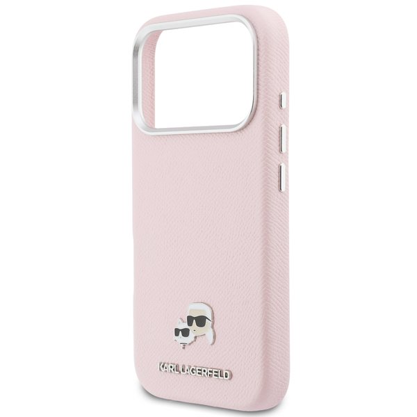Karl Lagerfeld PU Karl and Choupette Heads Pins MagSafe kryt iPhone 17 Pro Max ružový 