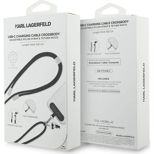 Karl Lagerfeld Ikonik Charm Popruh s Integrovaným Nabíjacím Káblom USB-C/USB-C Black čierny 