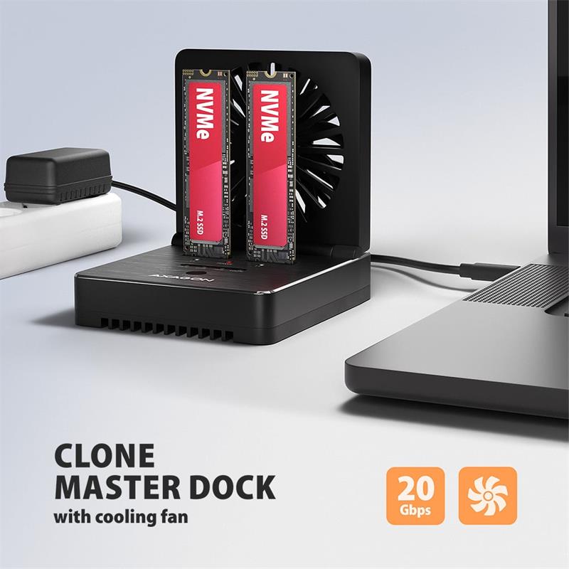 AXAGON ADSA-M2C22 USB-C 20Gbps dokovacia stanica pre 2x M.2 NVMe / SATA SSD s funkciou klonovania diskov bez PC 