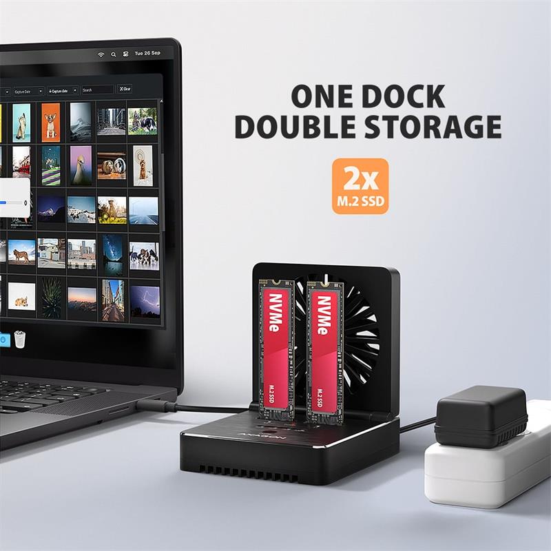 AXAGON ADSA-M2C22 USB-C 20Gbps dokovacia stanica pre 2x M.2 NVMe / SATA SSD s funkciou klonovania diskov bez PC 