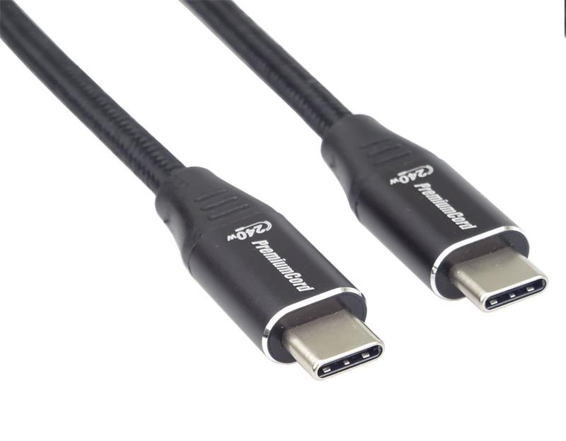 PremiumCord Kábel USB-C M/M, 5A, 240W 480Mbps cierny bavlnený oplet, 1,5m 