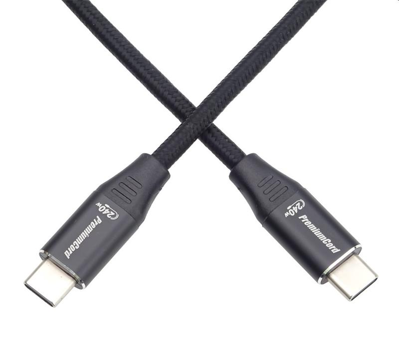 PremiumCord Kábel USB-C M/M, 5A, 240W 480Mbps cierny bavlnený oplet, 1,5m 