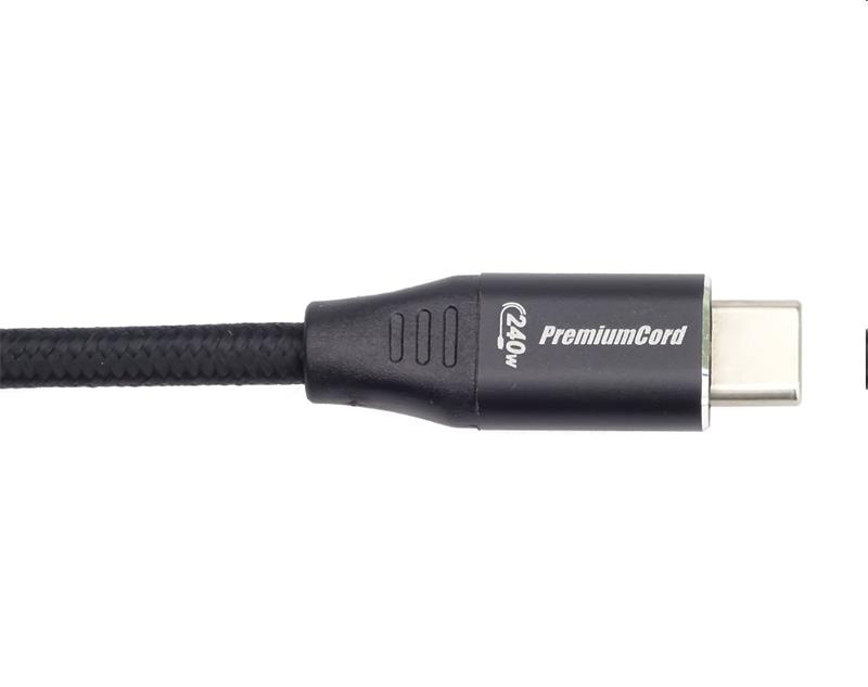 PremiumCord Kábel USB-C M/M, 5A, 240W 480Mbps cierny bavlnený oplet, 1,5m 