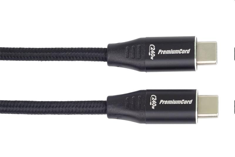 PremiumCord Kábel USB-C M/M, 5A, 240W 480Mbps cierny bavlnený oplet, 2m 