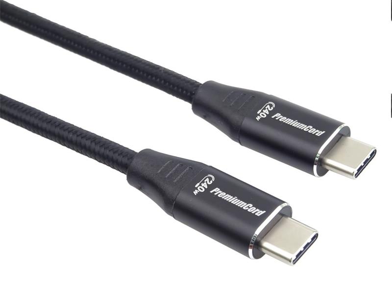 PremiumCord Kábel USB-C M/M, 5A, 240W 480Mbps cierny bavlnený oplet, 2m 