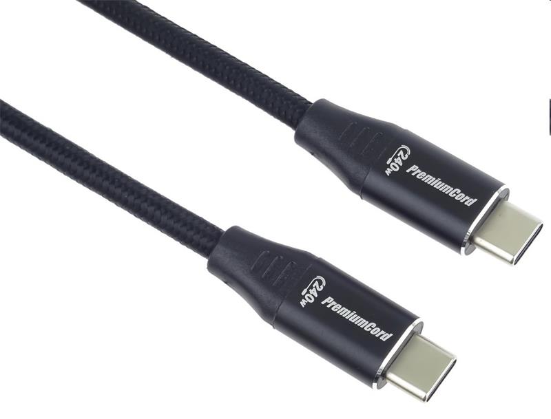 PremiumCord Kábel USB-C M/M, 5A, 240W 480Mbps cierny bavlnený oplet, 2m 