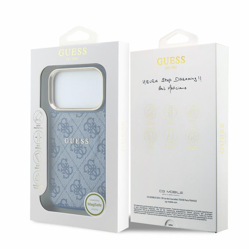 Guess PU Leather 4G Gold Frame Embossed MagSafe kryt iPhone 18 Pro Max modrý 