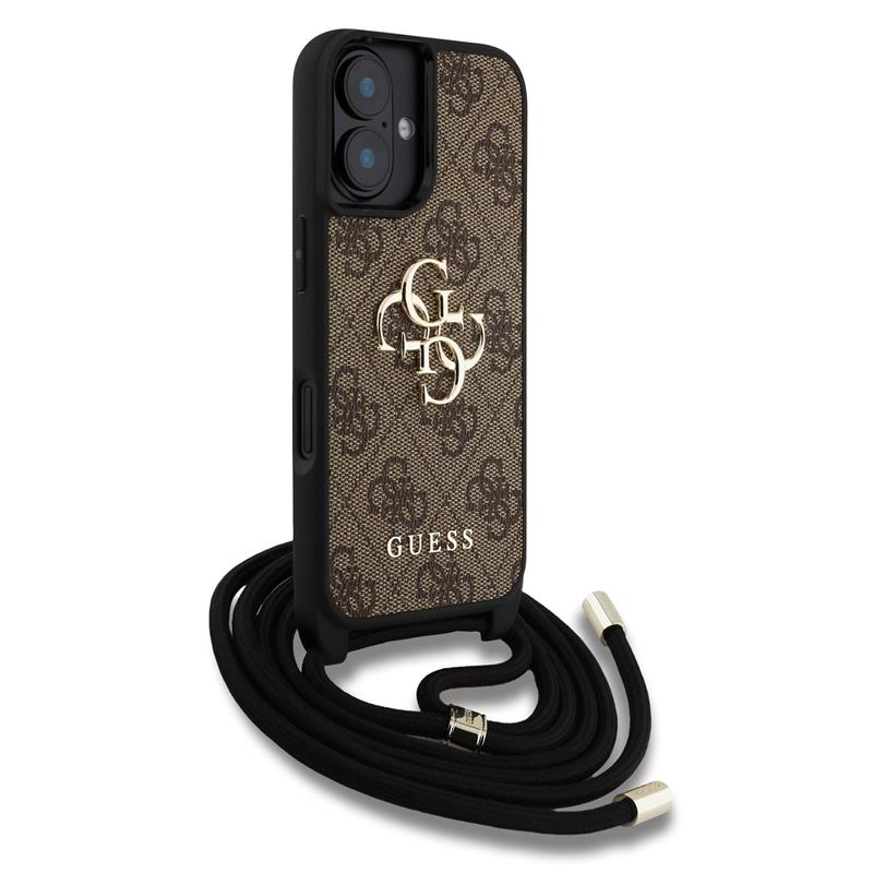 Guess PU 4G Metal Logo Crossbody Popruh kryt iPhone 16 hnedý 
