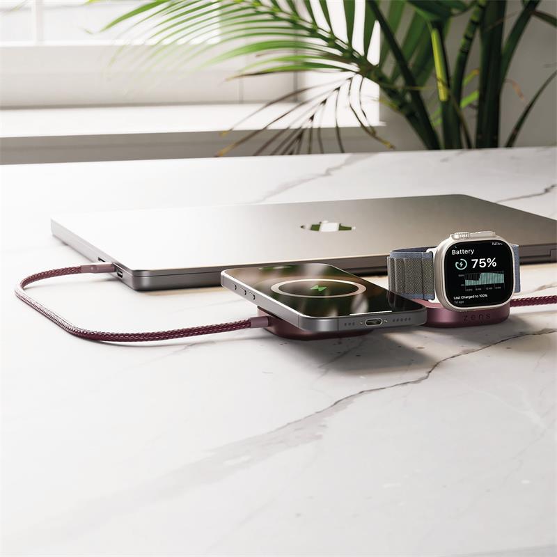 ZENS Pro 3 USB C - C cable 1,5 m 240W Qi2 charger+ Watch Dark Cherry 