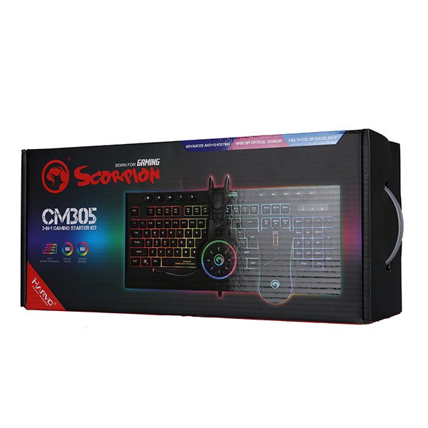 Marvo CM305, RGB sada klávesnice s hernou myšou a slúchadlami, CZ/SK, herná, membránová typ drôtová (USB), čierna, RGB 