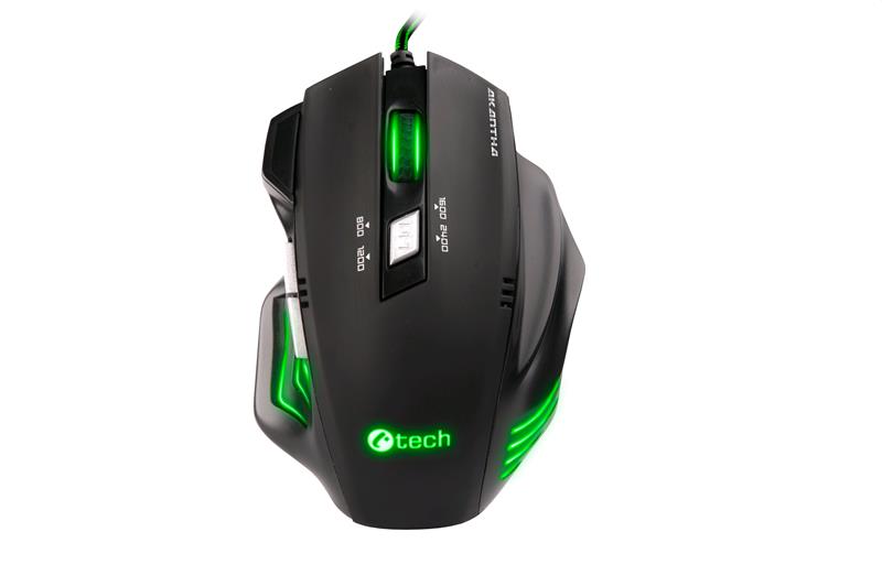 Herná myš C-TECH Akantha (GM-01G), casual gaming, herná, zelené podsvietenie, 2400DPI, USB 