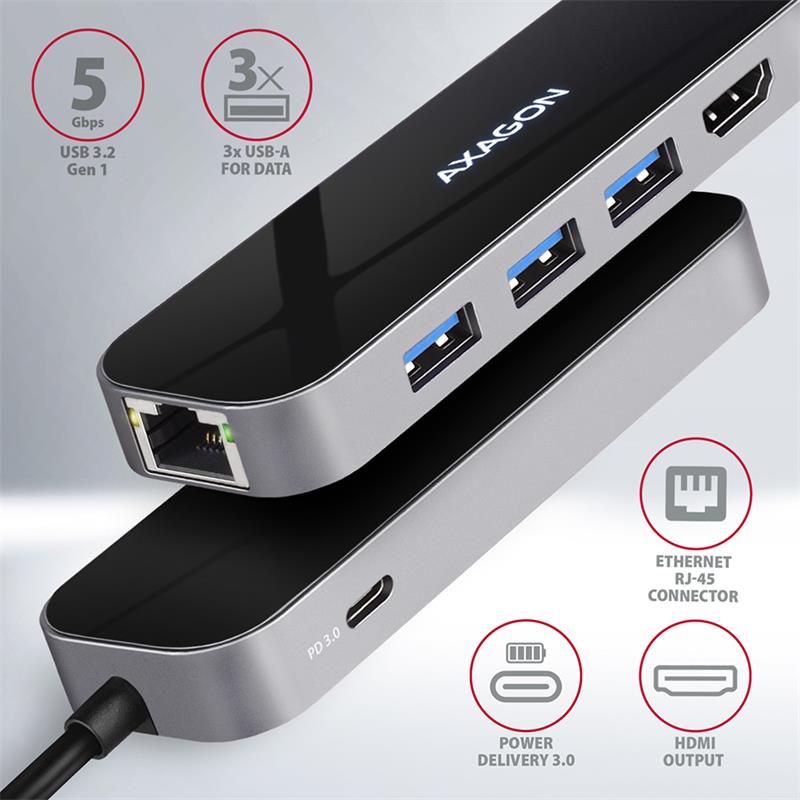 AXAGON HMC-6GL, USB 3.2 Gen 1 hub, porty 3x USB-A, HDMI 4k/60Hz, RJ-45 GLAN, PD 100W, kabel USB-C 20cm 