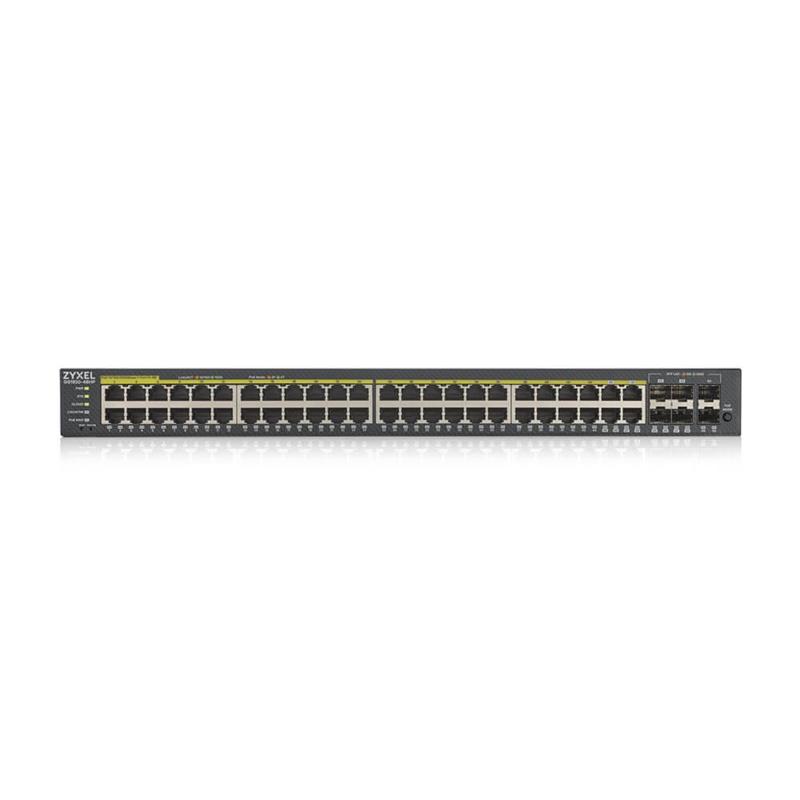 Zyxel GS1920-48HPv2, 50 Port Smart Managed PoE Switch 44x Gigabit Copper PoE and 4x Gigabit dual pers., hybrid mode, 375 Watt PoE 