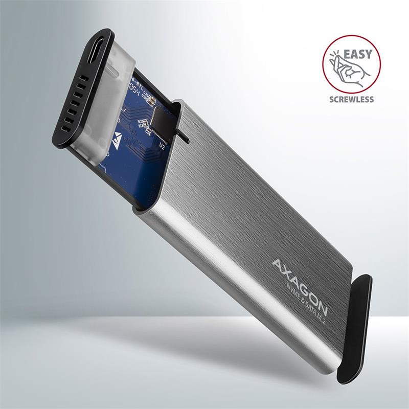 AXAGON EEM2-SG2, USB-C 3.2 Gen 2 - M.2 NVMe a SATA SSD kovový RAW box, bez skrutiek, strieborný 