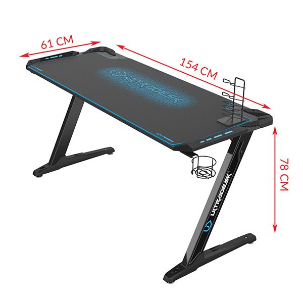 ULTRADESK Herný stôl SPACE XXL BLUE, 154x61 cm, 78 cm, RGB podsvietenie s dotykovým panelom, s celoplošnou podložkou 