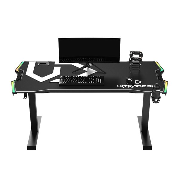 ULTRADESK Herný stôl FORCE - biely, 166x70 cm, 76.5 cm, s XXL podložkou pod myš, držiak slúchadiel aj nápojov, RGB 