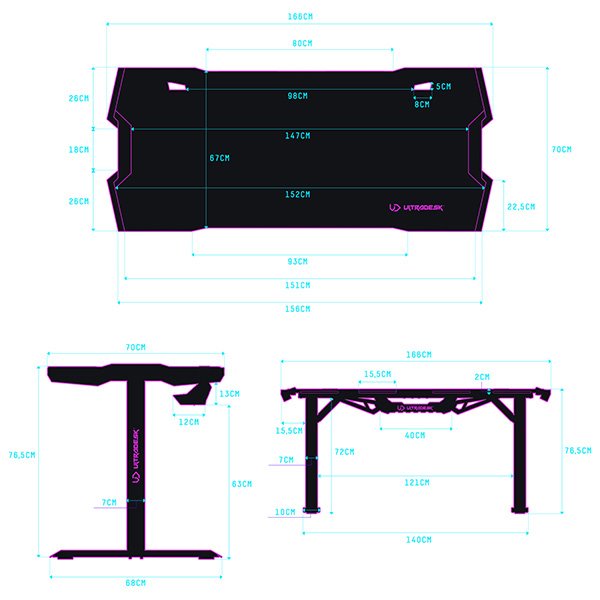 ULTRADESK Herný stôl FORCE - modrý, 166x70 cm, 76.5 cm, s XXL podložkou pod myš, držiak slúchadiel aj nápojov, RGB 