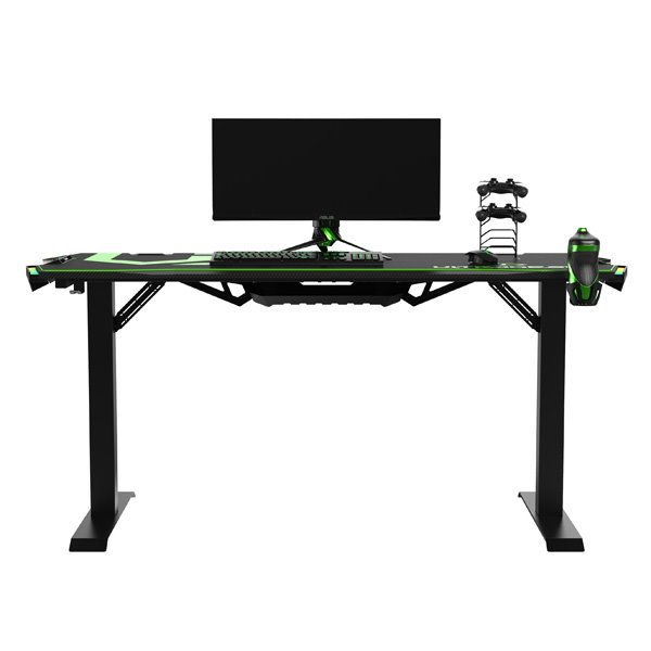 ULTRADESK Herný stôl FORCE - zelený, 166x70 cm, 76.5 cm, s XXL podložkou pod myš, držiak slúchadiel aj nápojov, RGB 