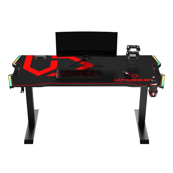 ULTRADESK Herný stôl FORCE - červený, 166x70 cm, 76.5 cm, s XXL podložkou pod myš, držiak slúchadiel aj nápojov, RGB 