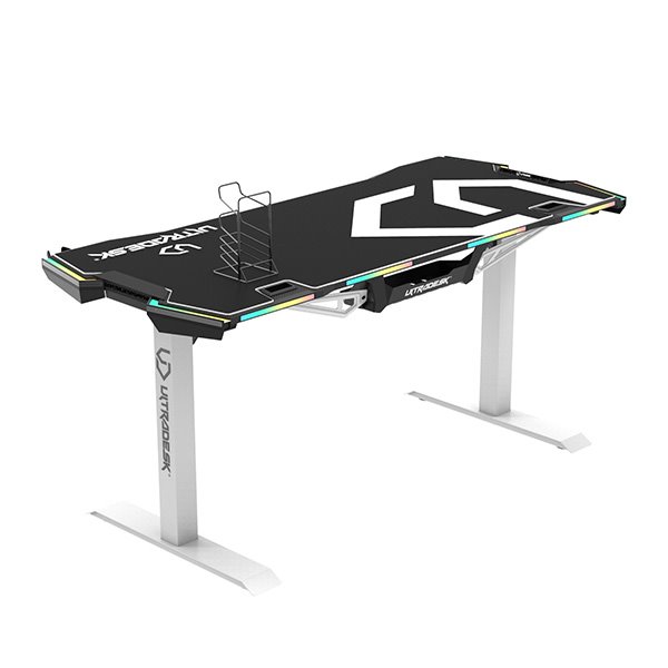 ULTRADESK Herný stôl FORCE SNOW - biely, 166x70 cm, 76.5 cm, s XXL podložkou pod myš, držiak slúchadiel aj nápojov, RGB  