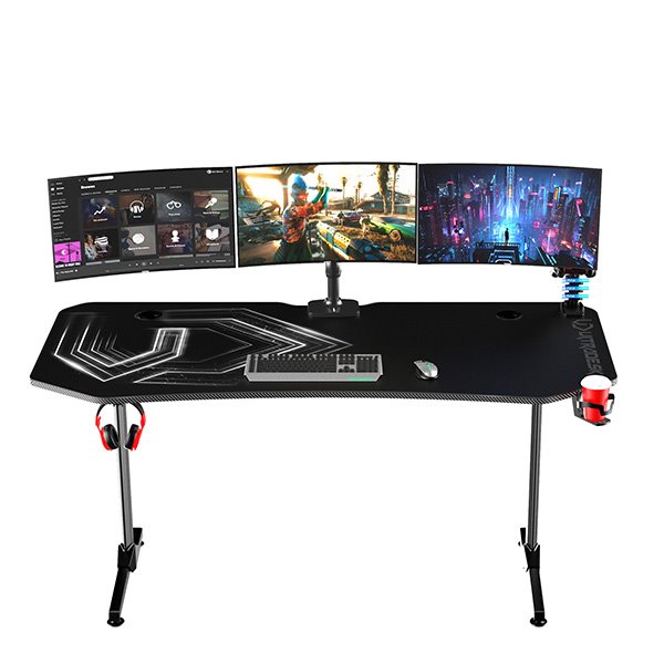 ULTRADESK Herný stôl FRAG XXL BLACK, 160 x 75 cm, 75 cm, držiak nápojov a slúchadiel, stojan BEAM, s celoplošnou XXL pod 
