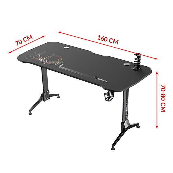 ULTRADESK Herný stôl GRAND BLACK, 160x75 cm, 70-80 cm, 3 úrovne výšky, s XXL podložkou pod myš, držiak slúchadiel 