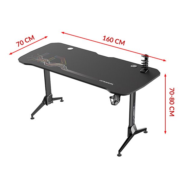 ULTRADESK Herný stôl GRAND RED, 160x75 cm, 70-80 cm, 3 úrovne výšky, s XXL podložkou pod myš, držiak slúchadiel 