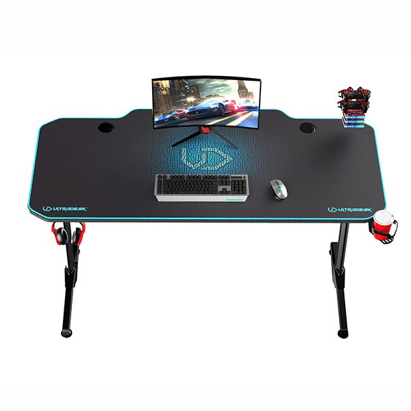 ULTRADESK Herný stôl FRAG - BLUE, 140x66 cm, 76 cm, s XXL podložkou pod myš, s ultradesk BEAM, držiak slúchadiel 