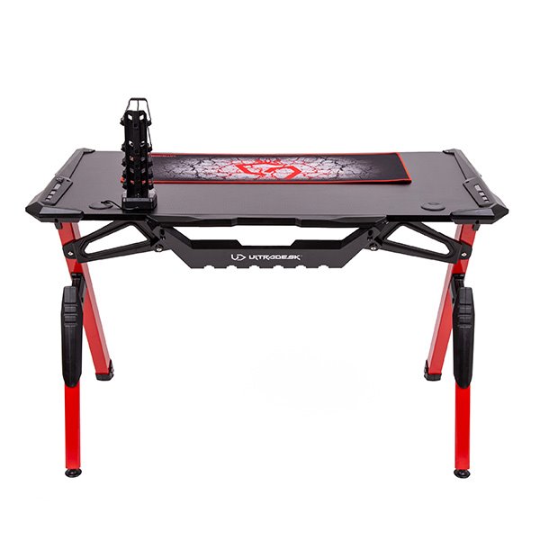 ULTRADESK Herný stôl INVADER - RED, 120x64 cm, 75 cm, podsvietený, s XL podložkou pod myš, držiak slúchadiel aj nápojov 