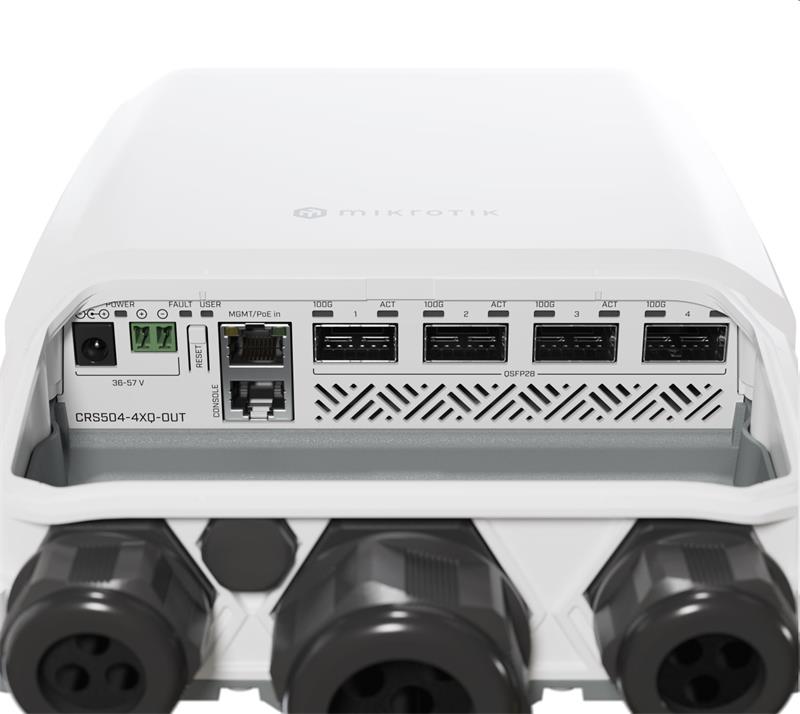 MIKROTIK RouterBOARD Cloud Router Switch CRS504-4XQ-OUT + L5 (650MHz; 64MB RAM; 1x LAN; 4x QSFP28, Dual PSU) desktop 