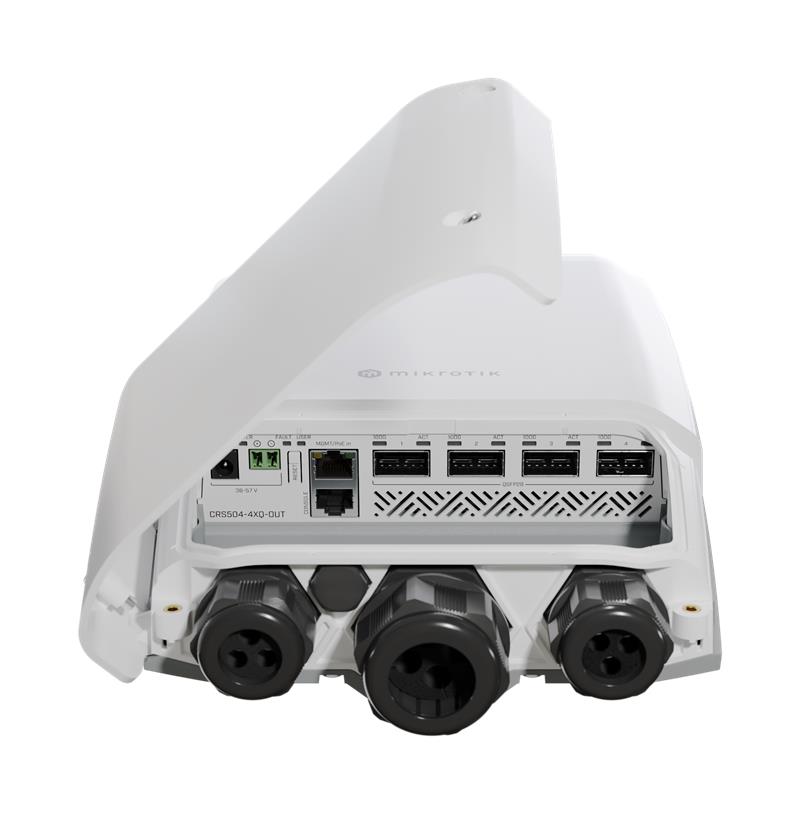 MIKROTIK RouterBOARD Cloud Router Switch CRS504-4XQ-OUT + L5 (650MHz; 64MB RAM; 1x LAN; 4x QSFP28, Dual PSU) desktop 