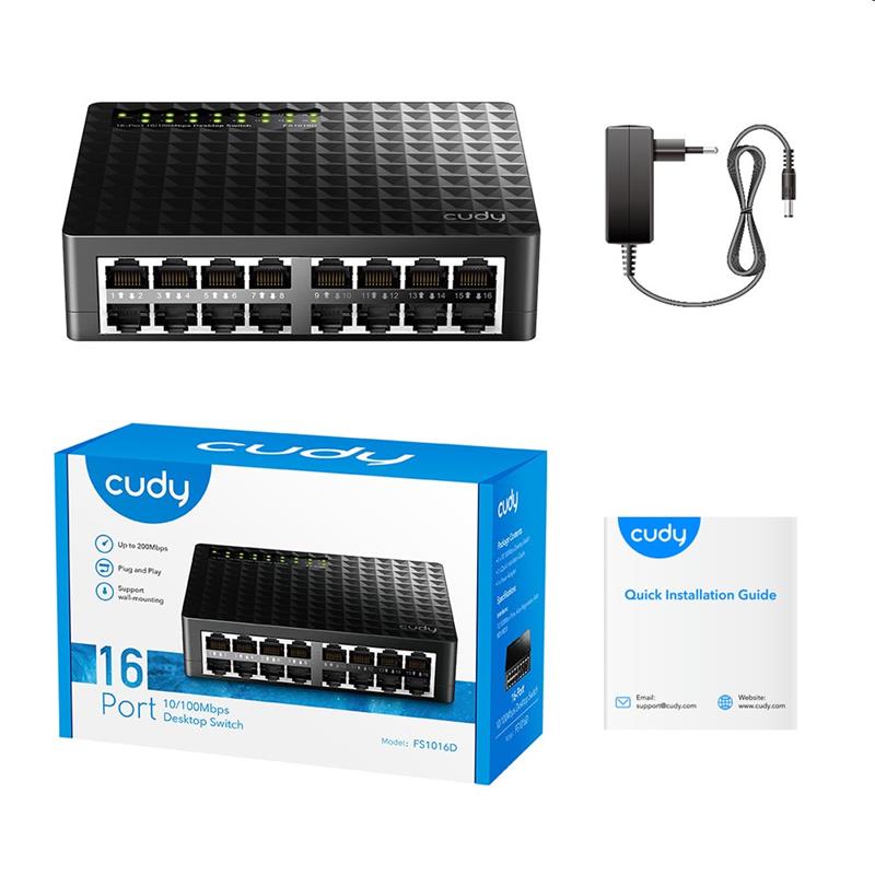 Cudy 16-Port Switch, 16 10/100M RJ45 Ports, Desktop, Power Saving, Plug & Play 