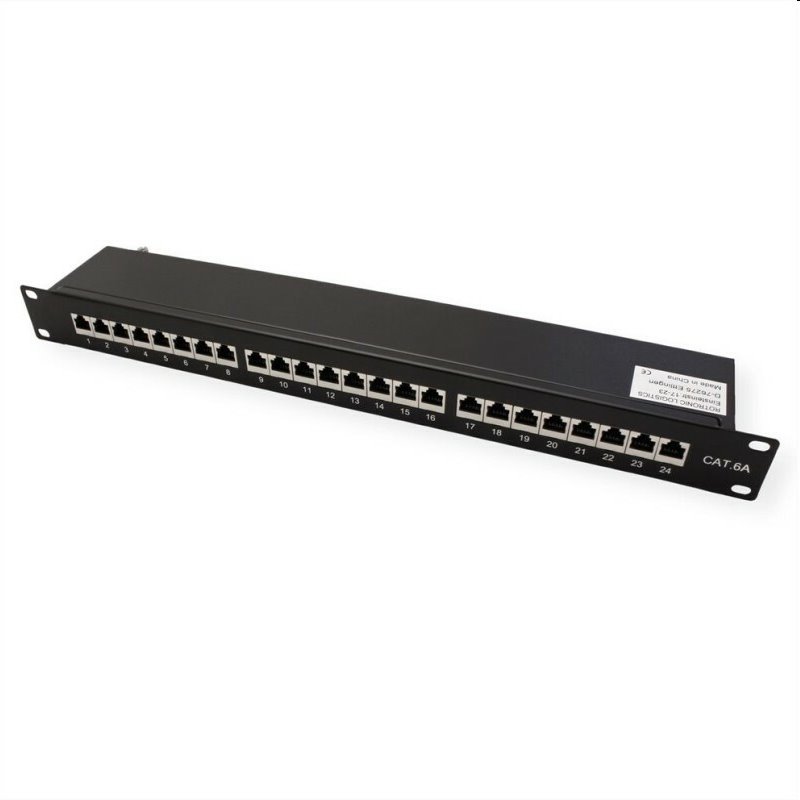 OEM patch panel 24port Cat6A, STP, blok Krone LSA+, vyväz. lišta, 1U čierny 