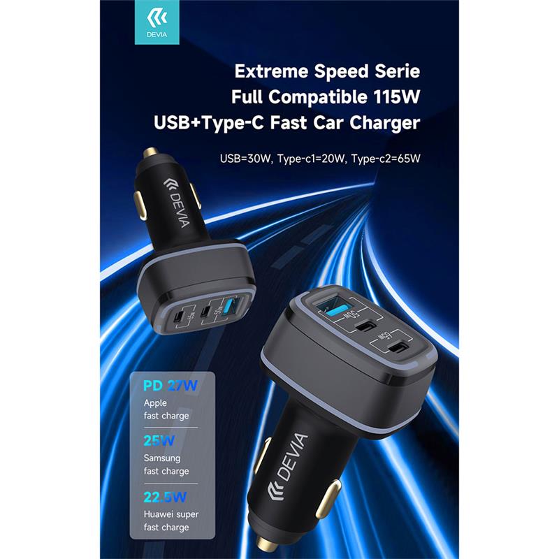 Devia nabíjačka do auta Extreme Speed Series 115W USB+2C Fast Car Charger  - Black 