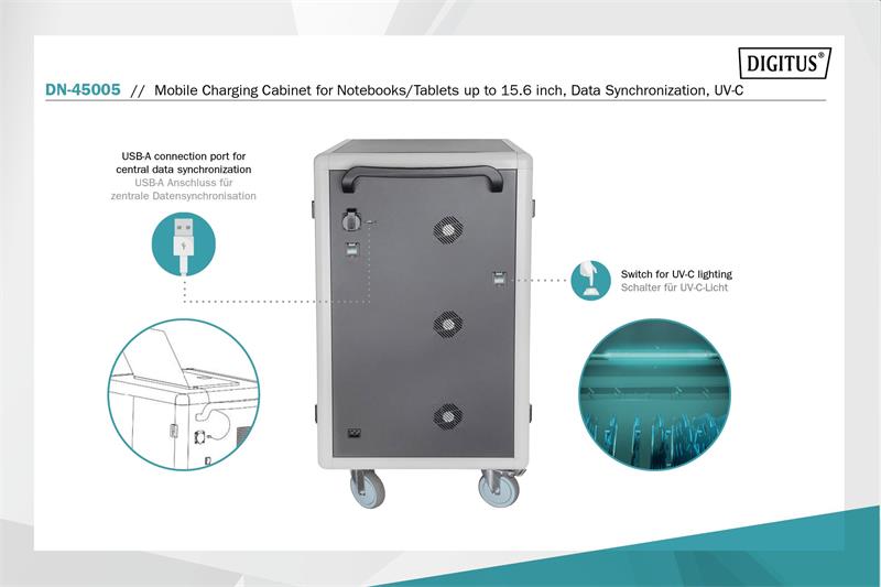 DIGITUS nabíjecí vozík pro notebooky/tablety, až pro 30 zařízení do 15,6", synchronizace dat, UV-C, USB-C (10W na zař.) 