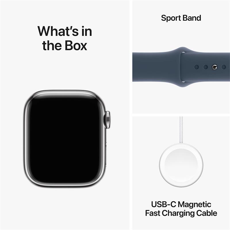 Apple Watch Series 9 GPS + Cellular 41mm Silver Stainless Steel Case with Storm Blue Sport Band - S/M 