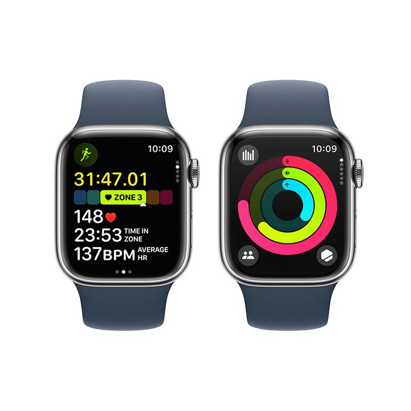 Apple Watch Series 9 GPS + Cellular 41mm Silver Stainless Steel Case with Storm Blue Sport Band - M/L 