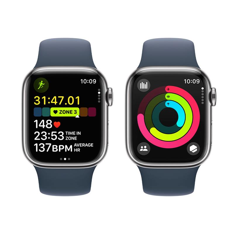 Apple Watch Series 9 GPS + Cellular 45mm Silver Stainless Steel Case with Storm Blue Sport Band - M/L 