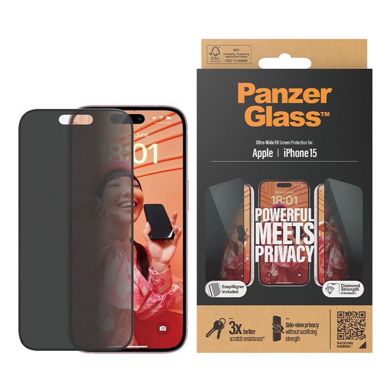 PanzerGlass ochranné sklo UWF Privacy pre iPhone 15 - Black Frame 