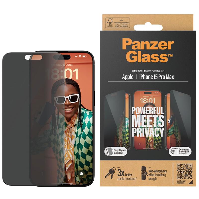 PanzerGlass ochranné sklo UWF Privacy pre iPhone 15 Pro Max - Black Frame 