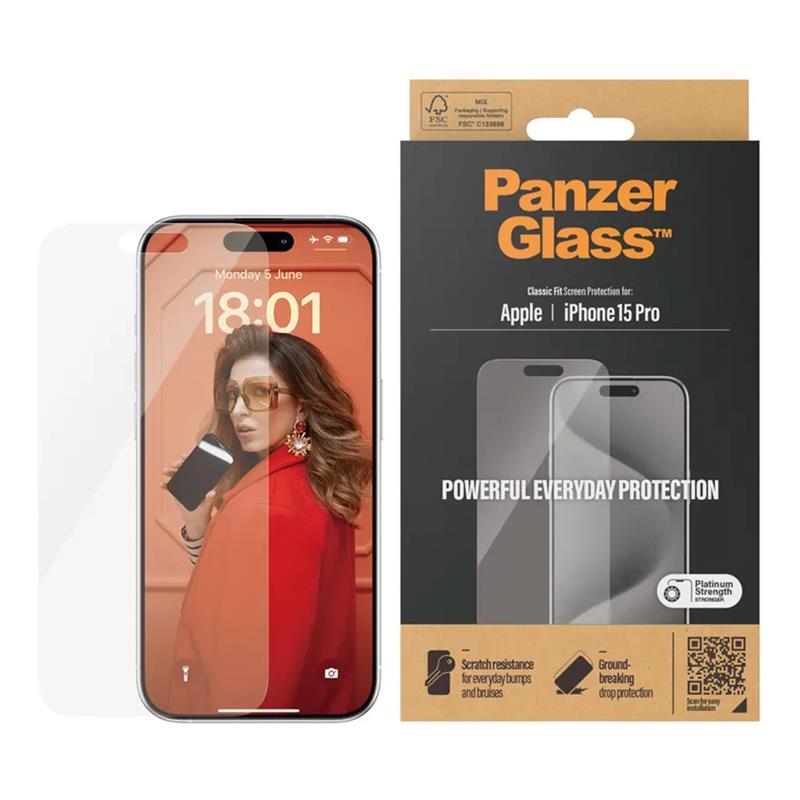 PanzerGlass ochranné sklo Classic Fit pre iPhone 15 Pro - Clear 