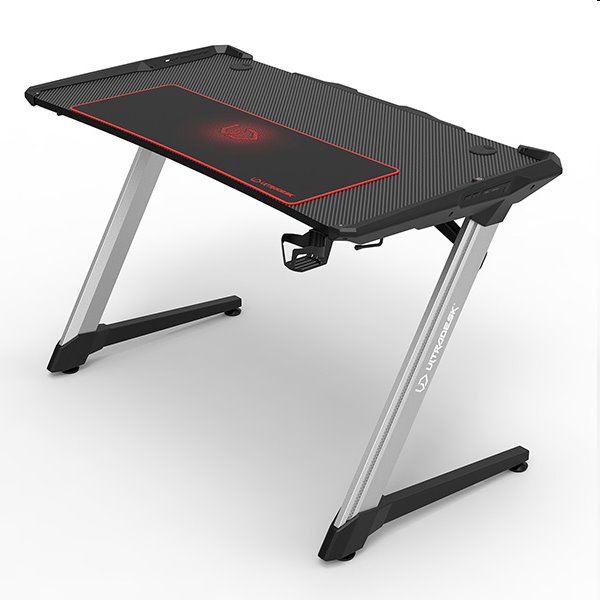 ULTRADESK Herný stôl RACER, 120X64 cm, 77 cm, RGB podsvietenie, so 4 XXL podložkami pod myš, s 2 hákmi pre slúchadlá