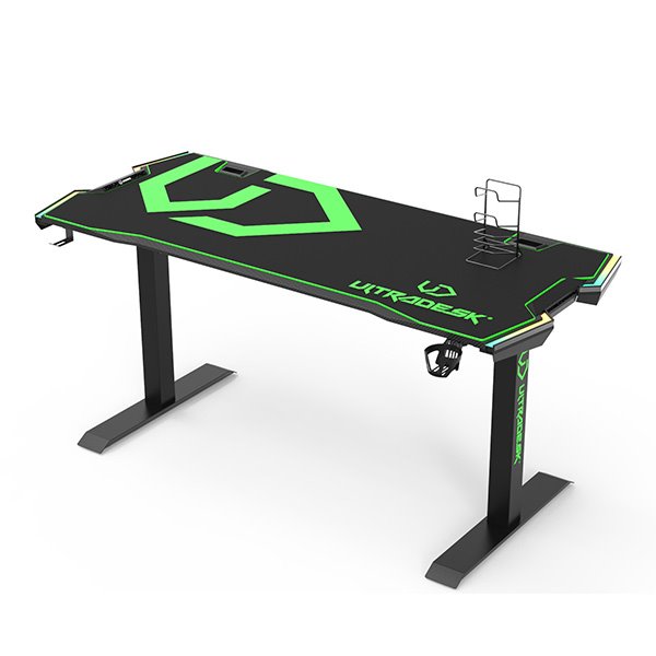 ULTRADESK Herný stôl FORCE - zelený, 166x70 cm, 76.5 cm, s XXL podložkou pod myš, držiak slúchadiel aj nápojov, RGB